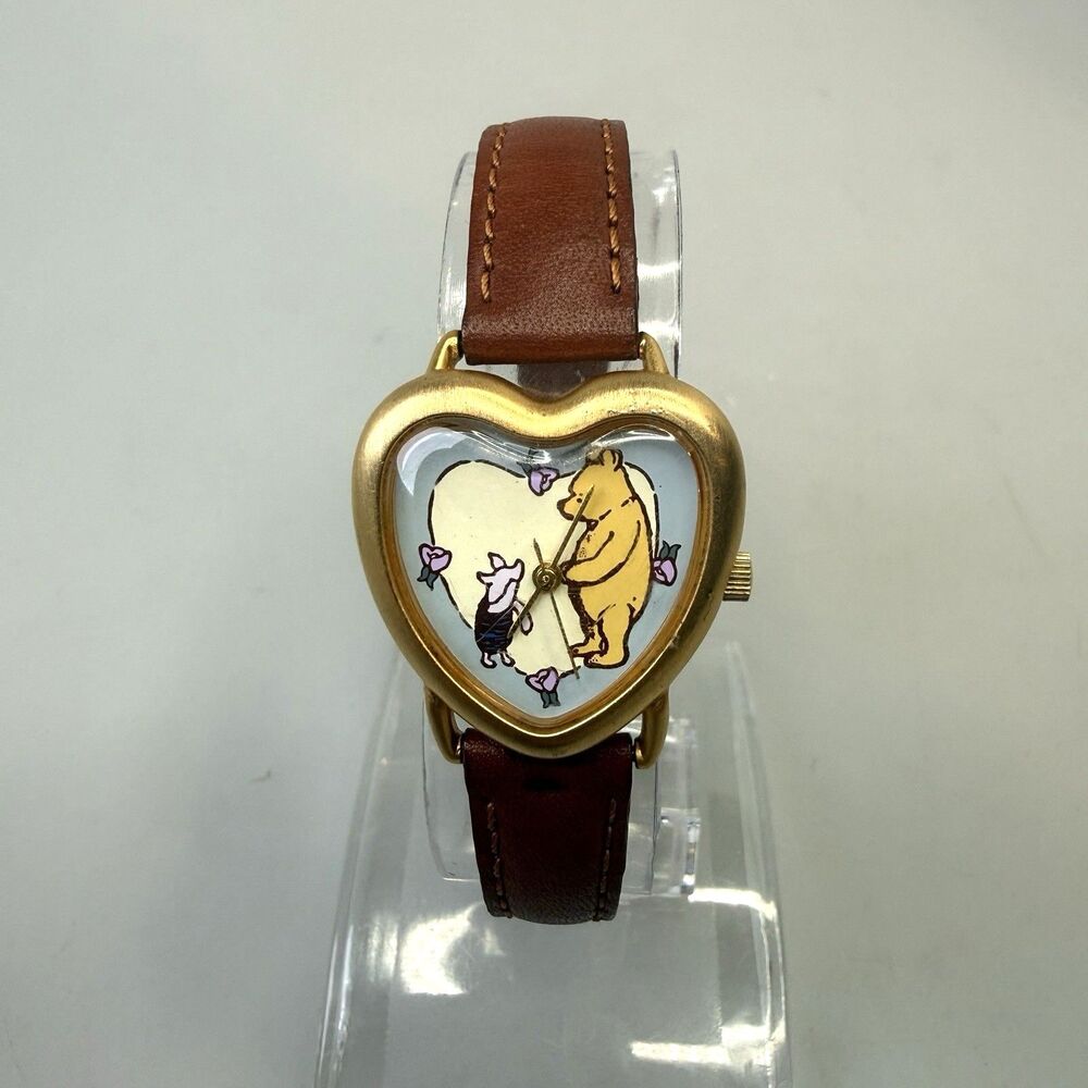 Vintage Disney Classic Pooh & Piglet Ingersoll Gold Tone Heart Wristwatch EUC